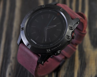 Mens-Handmade-Lederarmband für die Garmin Fenix 5/5 s/5 X und Garmin Fenix 3 Sport Uhren! Burgund