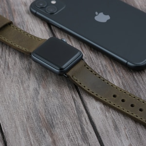 Apple Watch Band 45mm, 41mm, 44mm 40mm 42mm 38mm iwatch band, Leather apple watch strap, Apple watch band Series 1-7 Olive -Personalization