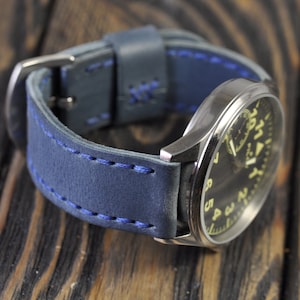 Leather Handmade Men's Watch Strap 18mm 20mm 22mm 24mm 26mm Blue Watch Band Gift for Men & Women image 1