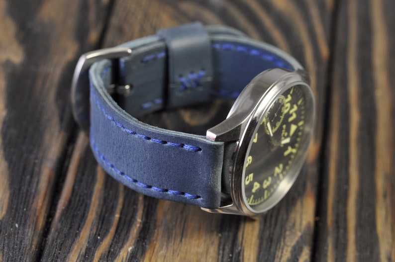 Leather Handmade Men's Watch Strap 18mm 20mm 22mm 24mm 26mm Blue Watch Band Gift for Men & Women image 1