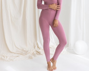 Leggings slim en viscose rose poudré pour tous les jours - Ceinture confortable, taille classique, coupe skinny stretch, tissu doux et léger