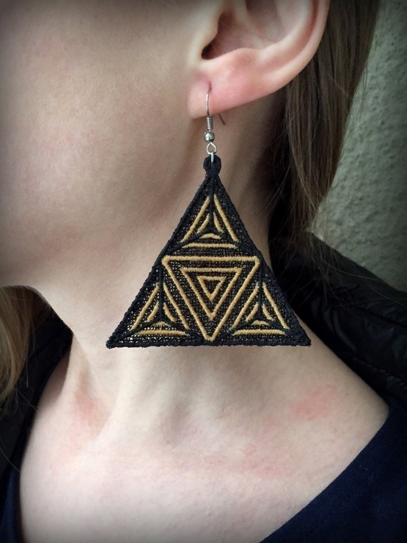 Triangle 3D Illusion Earrings Geometry Burning Man Festival Embroidery