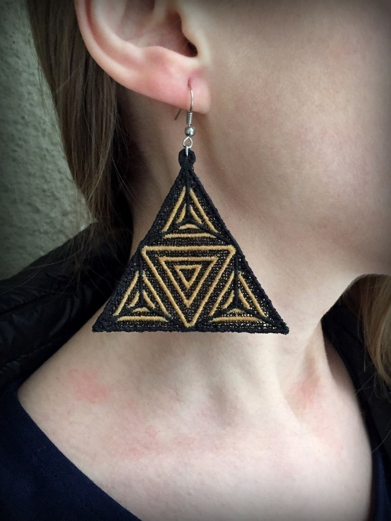 Triangle 3D Illusion Earrings Geometry Burning Man Festival Embroidery
