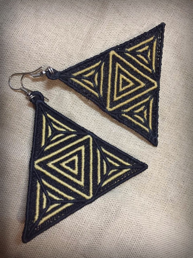 Triangle 3D Illusion Earrings Geometry Burning Man Festival Embroidery