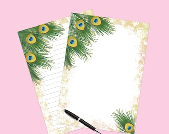 Pauwenveer afdrukbaar briefpapier, A4-papierformaat en 8,5x11 inch US Letter, lijnpapier, afdrukbaar papier, schrijfpapier, dagboekpapier