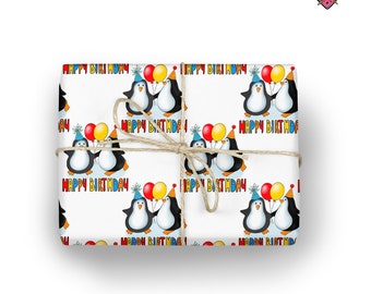 Penguin Birthday Wrapping Paper Cute - Kids Animal Gift Wrap Hand Drawn Adorable Penguin Sheets