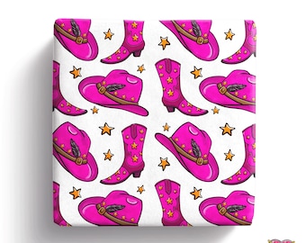 Cowgirl wrapping paper, pink cowboy hat  and pink cowboy boots gift wrap