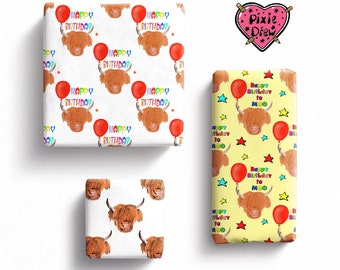 Highland Cow Wrapping Paper – Hand Drawn Scottish Cows, Cute Rustic Gift Wrap
