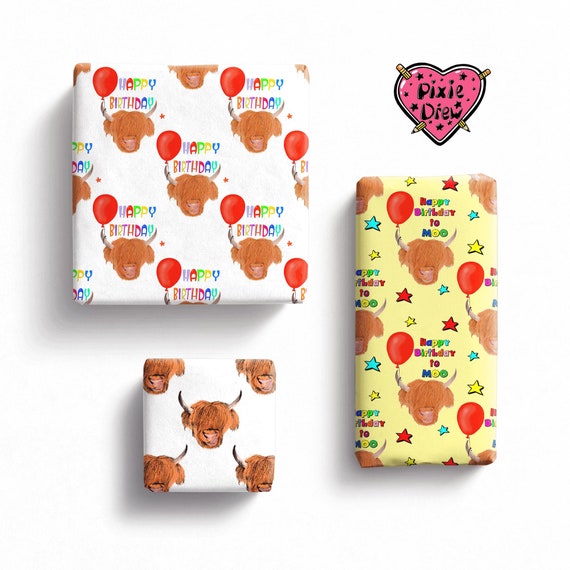 Highland Cow Wrapping Paper – Hand Drawn Scottish Cows, Cute Rustic Gift Wrap