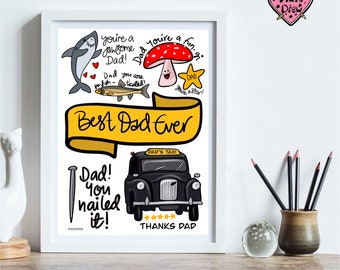 Best Dad Ever print with dad puns, dads taxi, jawsome dad, fungi, funny gift for Dad