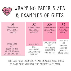 May include: Pink chart with the text "Wrapping Paper Sizes & Examples of Gifts". The chart shows four different sizes of wrapping paper, labeled A1, A2, A3+, and A3. Each size is listed with its dimensions in millimeters, centimeters, and inches. The chart also includes examples of gifts that can be wrapped with each size of paper.