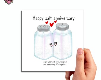 Personalised 8th Wedding Anniversary Card – Cute Hand‑Drawn Salt Shaker Couple – Custom Names – “Happy Salt Anniversary”  - Pixiedrew