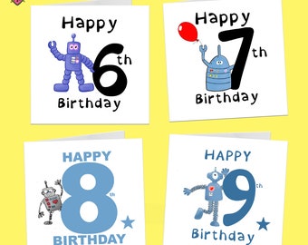 Birthday card for an 8 year old boy or girl, age 6, age 7, age 8, age 9 robot birthday card, greetings card,