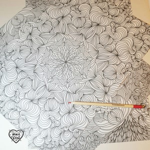May include: A black and white intricate line drawing of a mandala with a pencil on top of it. The drawing is on a white background.