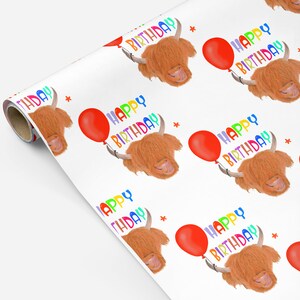 A gift with a highland 
 cattle bull with a balloon tied to it's horn illustration 
 and colourful text with happy birthday in a repeat pattern wrapping paper