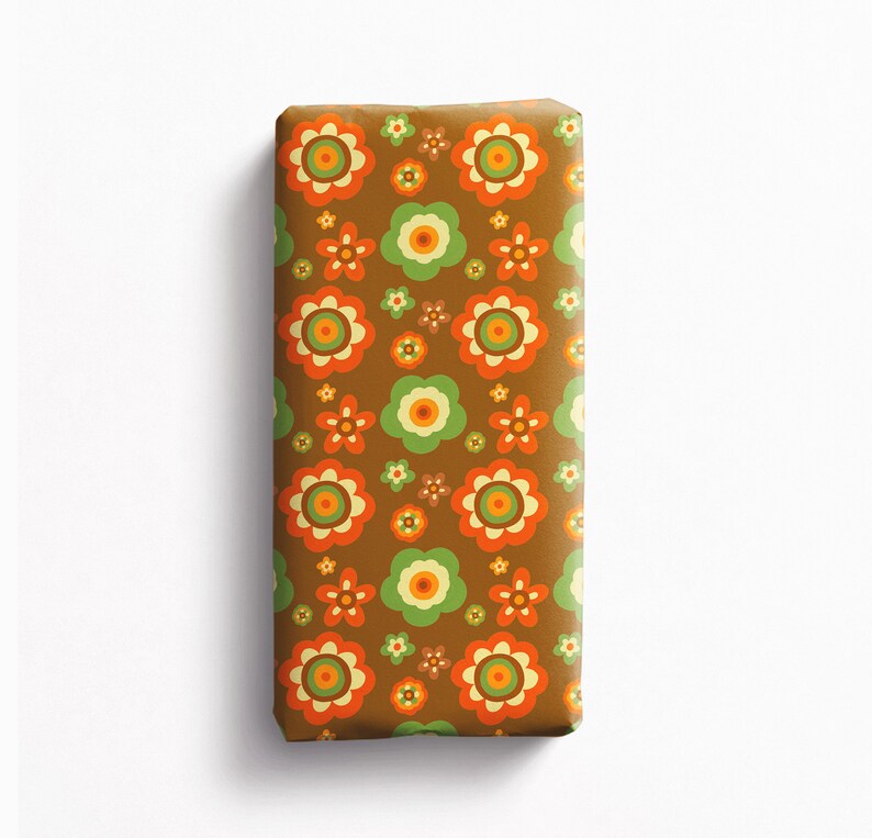 Seventies style floral wrapping paper, brown, orange and green gift wrap, retro wrapping paper image 8