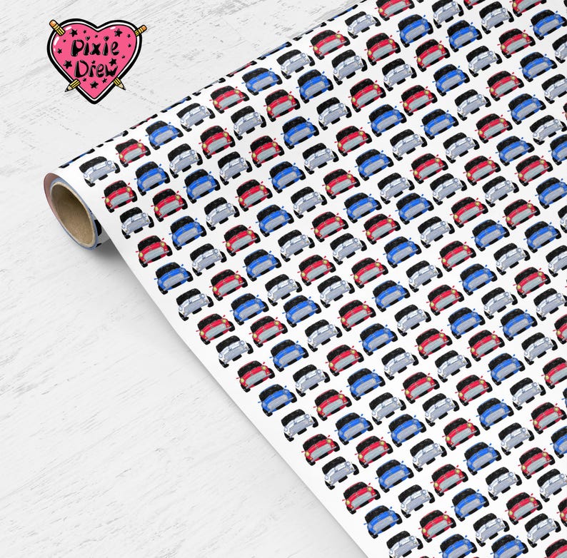 May include: White wrapping paper with a repeating pattern of red, blue, and white miniature cars.