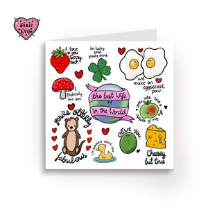 Anniversaire de femme ou carte d'anniversaire avec beaucoup d'illustrations chétives, petits jeux de mots mignons, carte d'amour pour femme