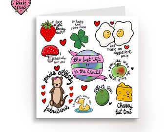 Wife anniversary or birthday card with lots of punny illustrations, cute little puns, love card for wife