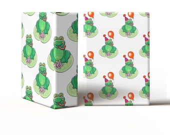 Birthday Frog wrapping paper, Frog on a lily pad wrapping paper
