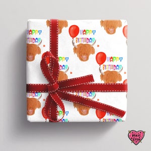 A gift with a highland 
 cattle bull with a balloon tied to it's horn illustration 
 and colourful text with happy birthday in a repeat pattern wrapping paper