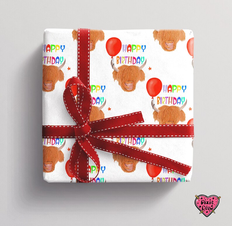 A gift with a highland 
 cattle bull with a balloon tied to it's horn illustration 
 and colourful text with happy birthday in a repeat pattern wrapping paper