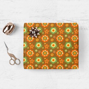 Seventies style floral wrapping paper, brown, orange and green gift wrap, retro wrapping paper image 6