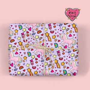 Unicorn Gift Wrap – Hand Drawn Unicorn Wrapping Paper – Cute Novelty Print Gift Wrap for Birthdays & Magical Gifts lilac