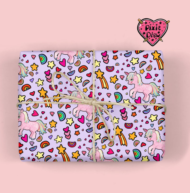 Unicorn Gift Wrap – Hand Drawn Unicorn Wrapping Paper – Cute Novelty Print Gift Wrap for Birthdays & Magical Gifts lilac