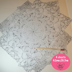 May include: Four sheets of black and white patterned paper with intricate designs. The paper is 42cm x 29.7cm and is perfect for coloring or crafting.