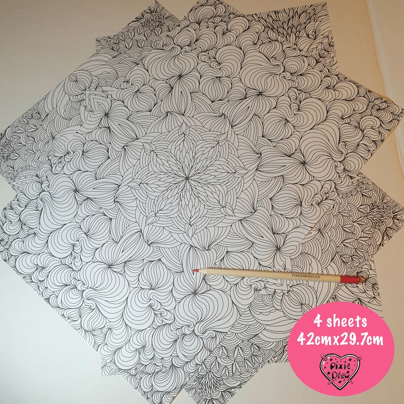 May include: Four sheets of black and white patterned paper with intricate designs. The paper is 42cm x 29.7cm and is perfect for coloring or crafting.