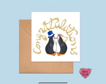 Penguin Wedding Card, Hand-Drawn Mr & Mrs, Congratulations Card