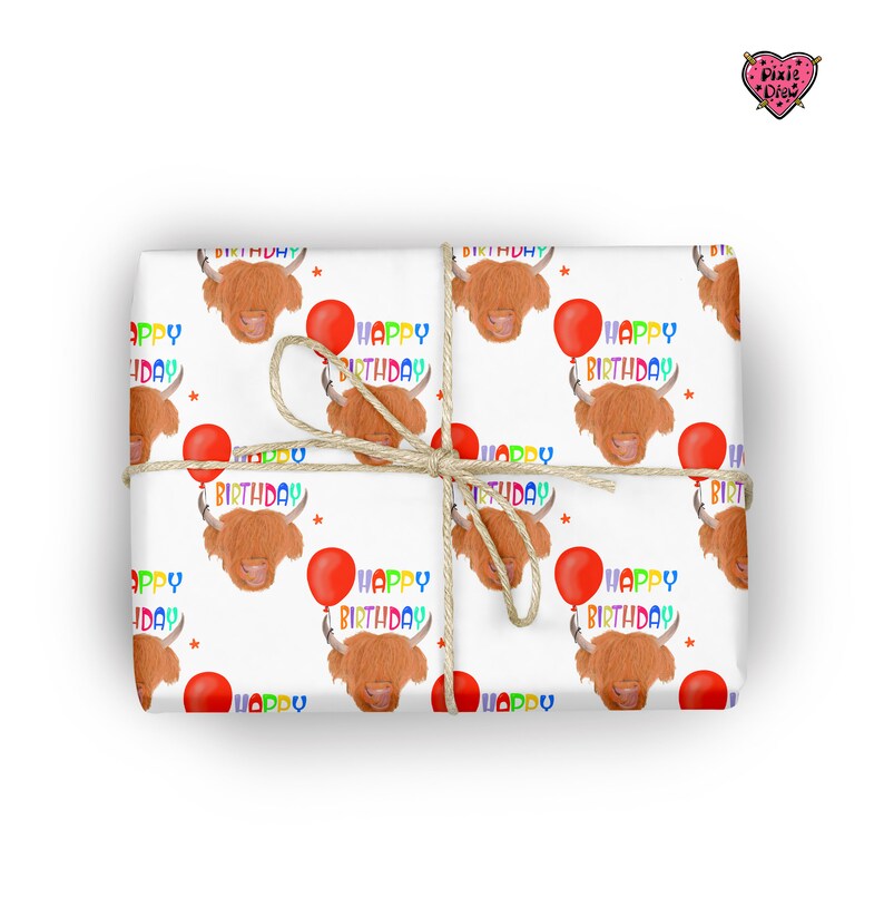 A gift with a highland 
 cattle bull with a balloon tied to it's horn illustration 
 and colourful text with happy birthday in a repeat pattern  wrapping paper
