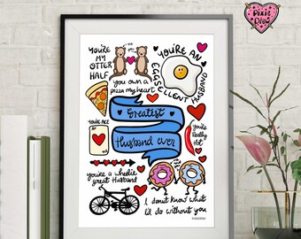 Funny Husband printable with cute and punny illustrations, birthday, valentines or anniversary gift for your husband