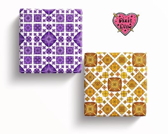 Seventies style patterned wrapping paper, mustard or purple gift wrap, purple retro wrapping paper
