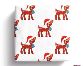 Deer Christmas wrapping paper sheets, gift wrap with a little deer wearing a santa hat