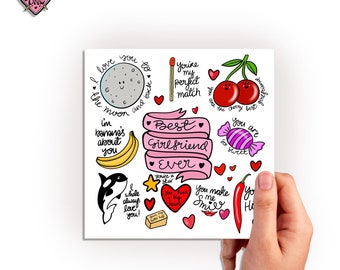 Girlfriend card with lots of punny illustrations, cute funny anniversary or birthday card for her