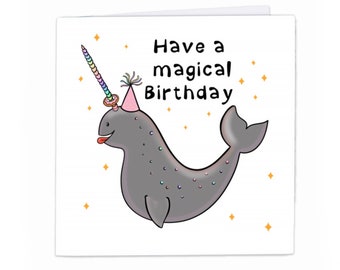 Narwhal birthday card, ocean theme greetings card, with personalisation option.