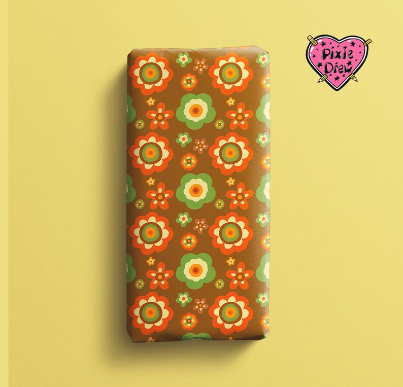 Seventies style floral wrapping paper, brown, orange and green gift wrap, retro wrapping paper image 4