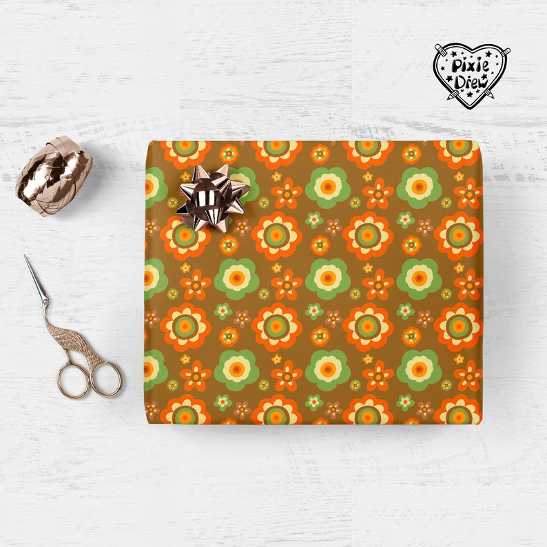 Seventies style floral wrapping paper, brown, orange and green gift wrap, retro wrapping paper image 7