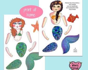 Articulated mermaid paper doll instant download for you to make at home, paper toy