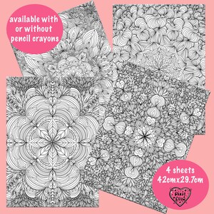 May include: Four black and white coloring pages with intricate designs featuring flowers, swirls, and geometric patterns. The pages are 42cm x 29.7cm and are available with or without pencil crayons.