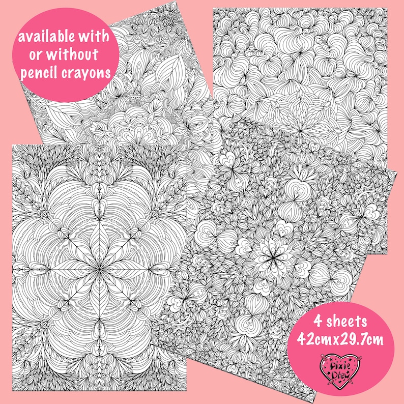 May include: Four black and white coloring pages with intricate designs featuring flowers, swirls, and geometric patterns. The pages are 42cm x 29.7cm and are available with or without pencil crayons.