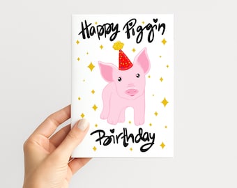 Tarjeta imprimible de cumpleaños de cerdo, gorro de fiesta, ilustración dibujada a mano