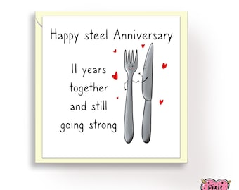 Steel 11th Anniversary Card – Hand‑Drawn Knife & Fork Hugging – “Happy Anniversary, 11 Years together and still going strong” - Pixiedrew