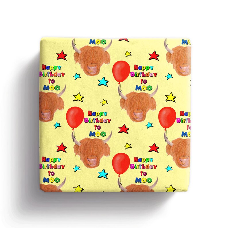A gift with a highland 
 cattle bull with a balloon tied to it's horn illustration 
 and colourful text with happy birthday in a repeat pattern wrapping paper with a yellow background