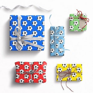 Football wrapping paper, football Gift wrap, blue, pale blue, green, white, orange, red  or yellow background.
