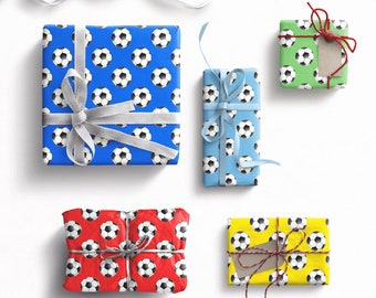 Football wrapping paper, football Gift wrap, blue, pale blue, green, white, orange, red  or yellow background.