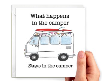 Camper Van Greetings Card, Surfboard, Holiday Vacation Card