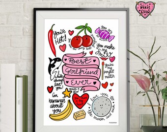 Girlfriend print with lots of punny illustrations, cute funny anniversary or birthday gift for her